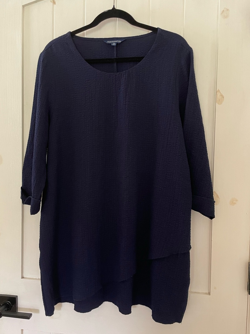 Elegant TravelSmith NavyBlue Textured Round-Neck Tunic Top Blouse size XL